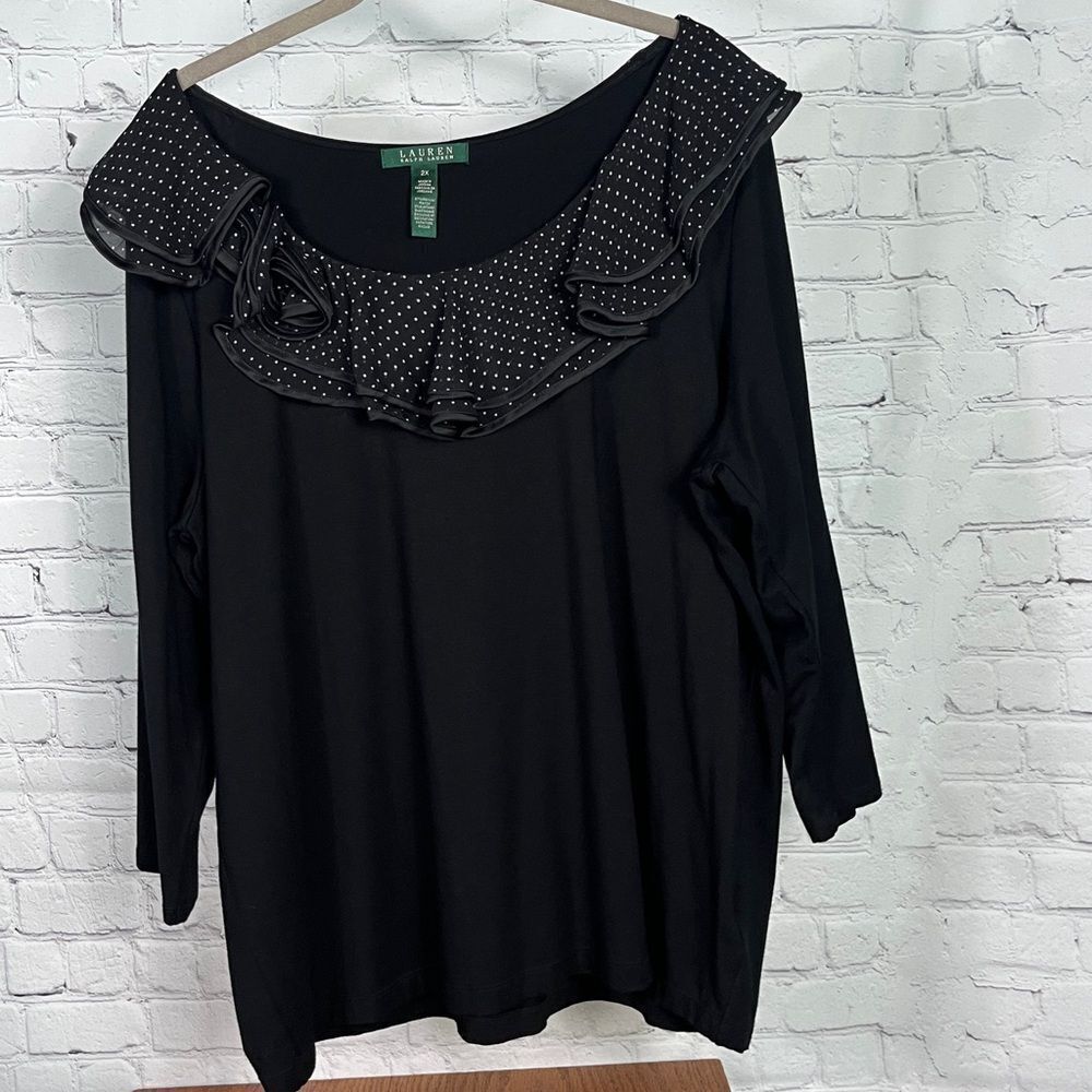 Ralph Lauren Black Polka Dot Ruffle Collar & Rosettes Jersey Knit Top 2X